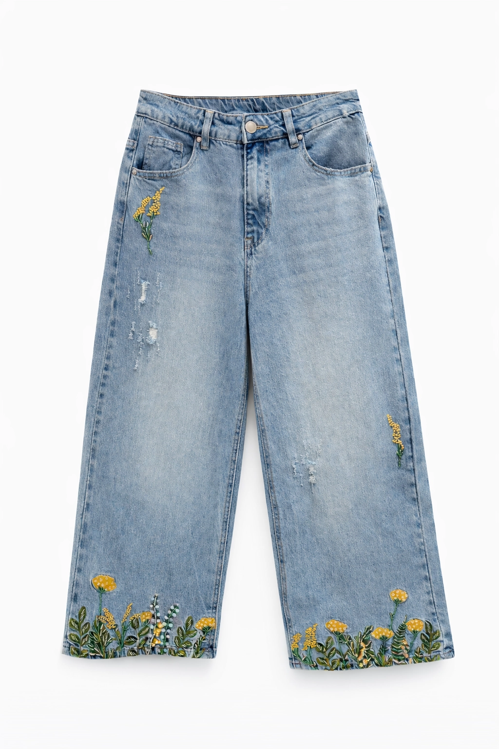 Verkürzte Jeans mit Blumenstickerei und Pailletten in Hellblau