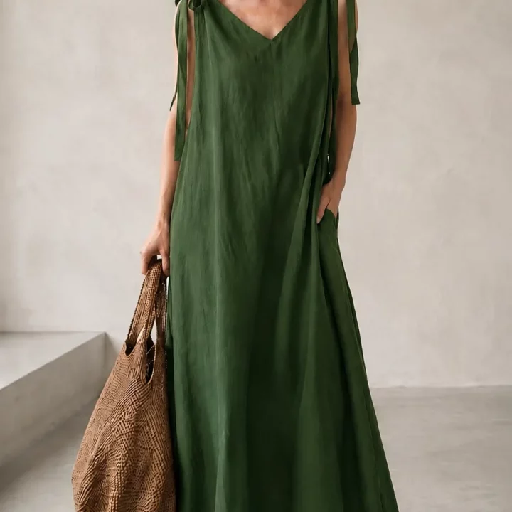 Langes Leinen-Trägerkleid CL in Grün