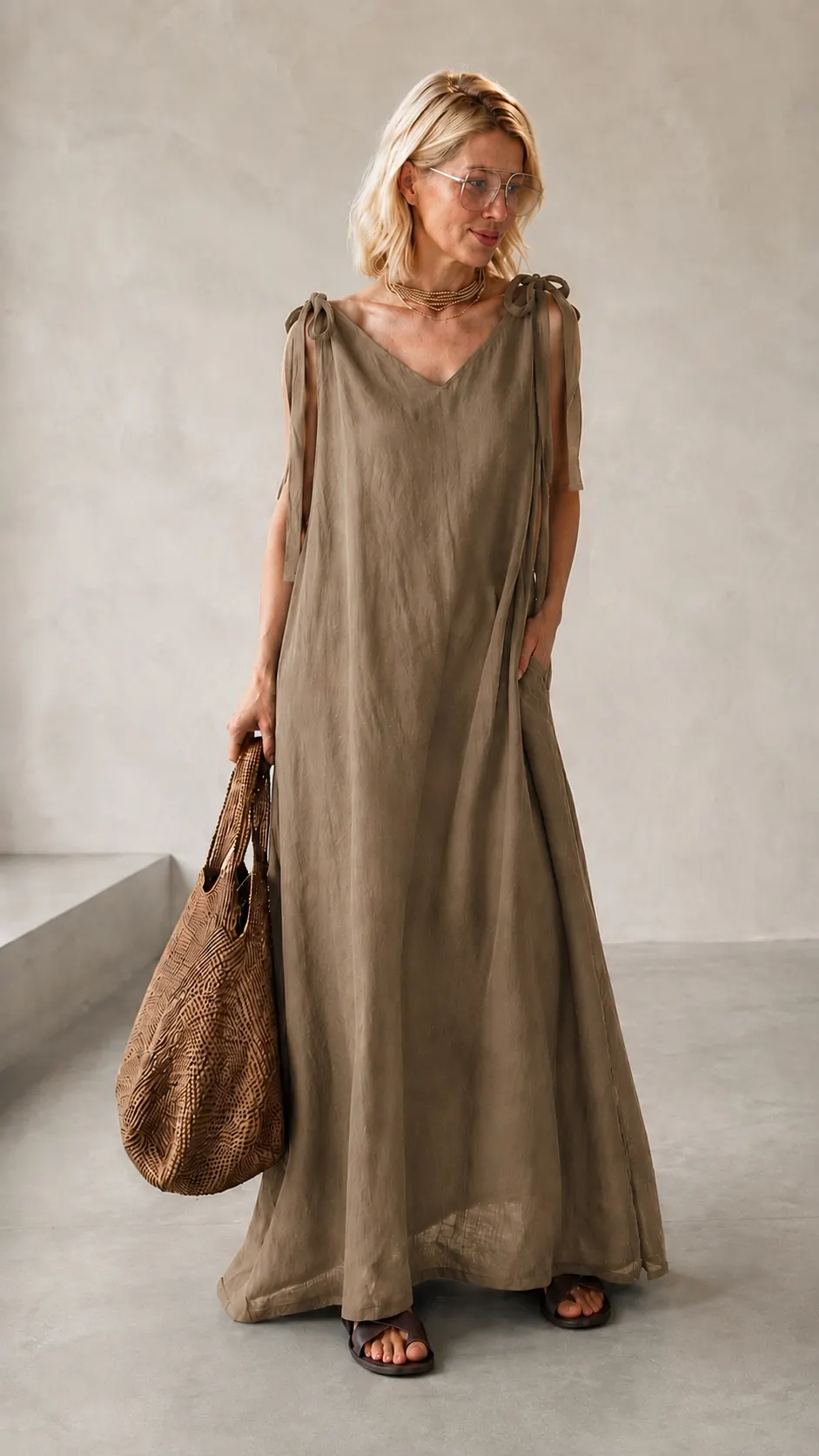 Langes Leinen-Trägerkleid CL in Beige