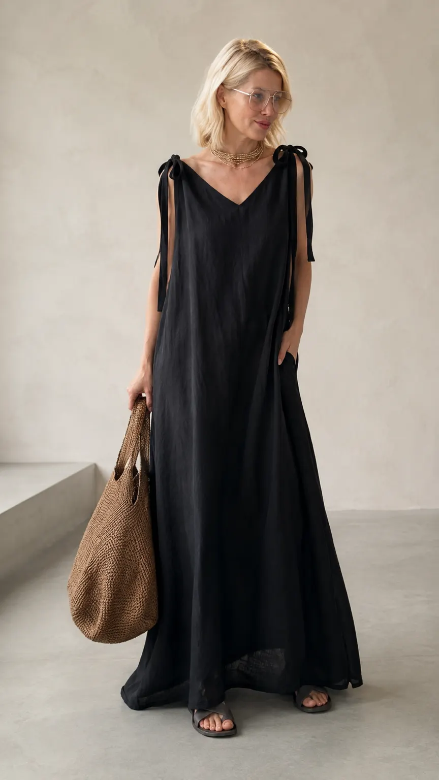 Langes Leinen-Trägerkleid CL in Schwarz