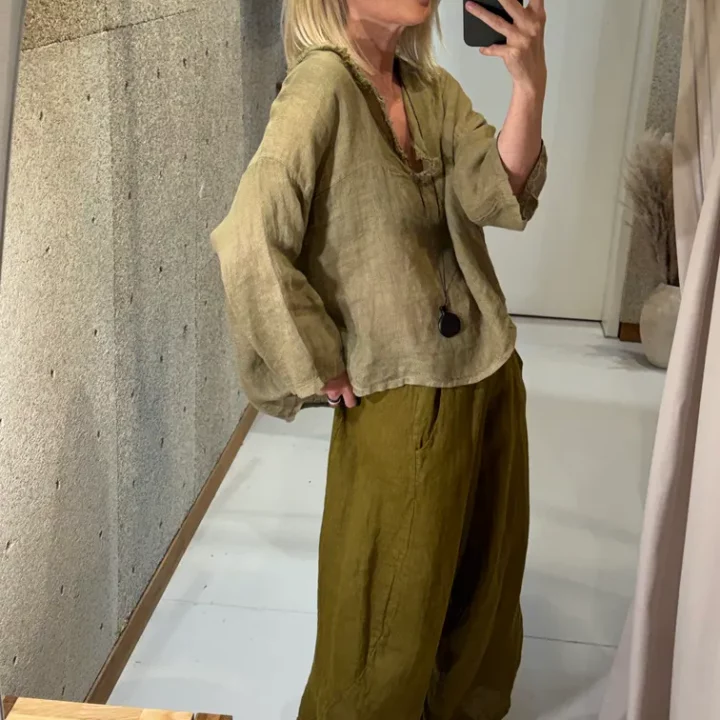 Voluminöse verkürzte Leinenhose Shik in Senf