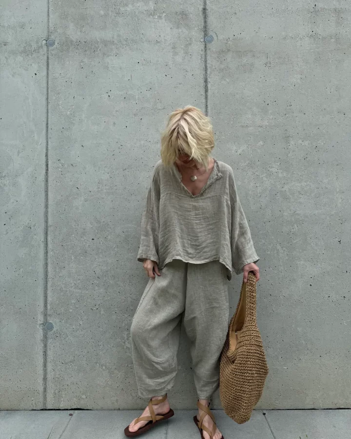 Voluminöse verkürzte Leinenhose Shik – Beige