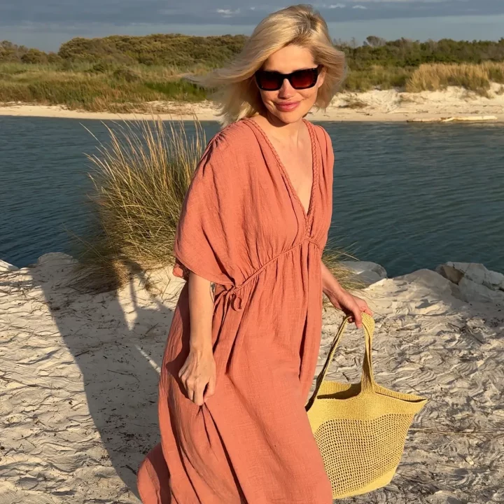 Langes Kleid Greece mit Kordelzug in Lachs