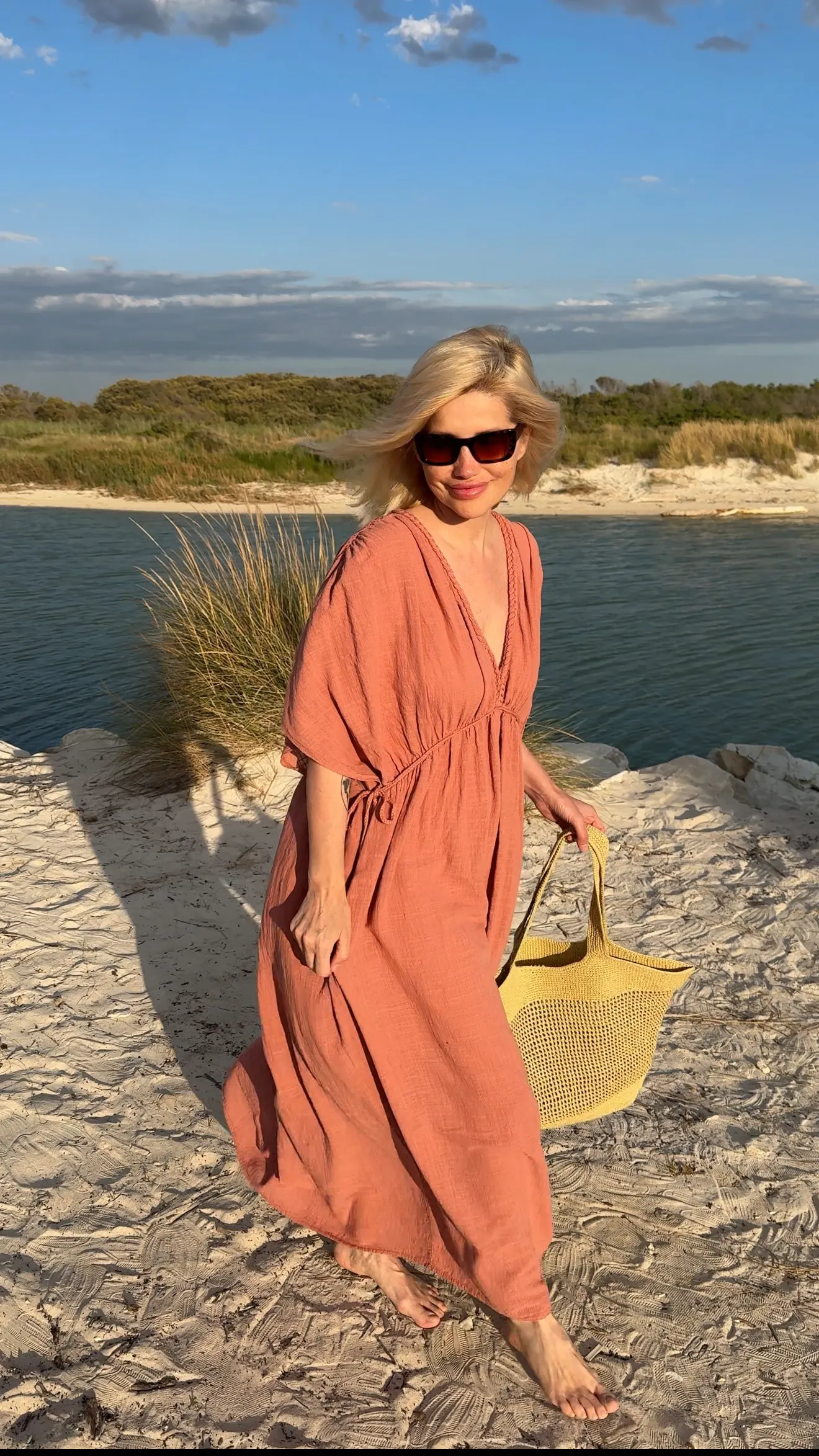 Langes Kleid Greece mit Kordelzug in Lachs
