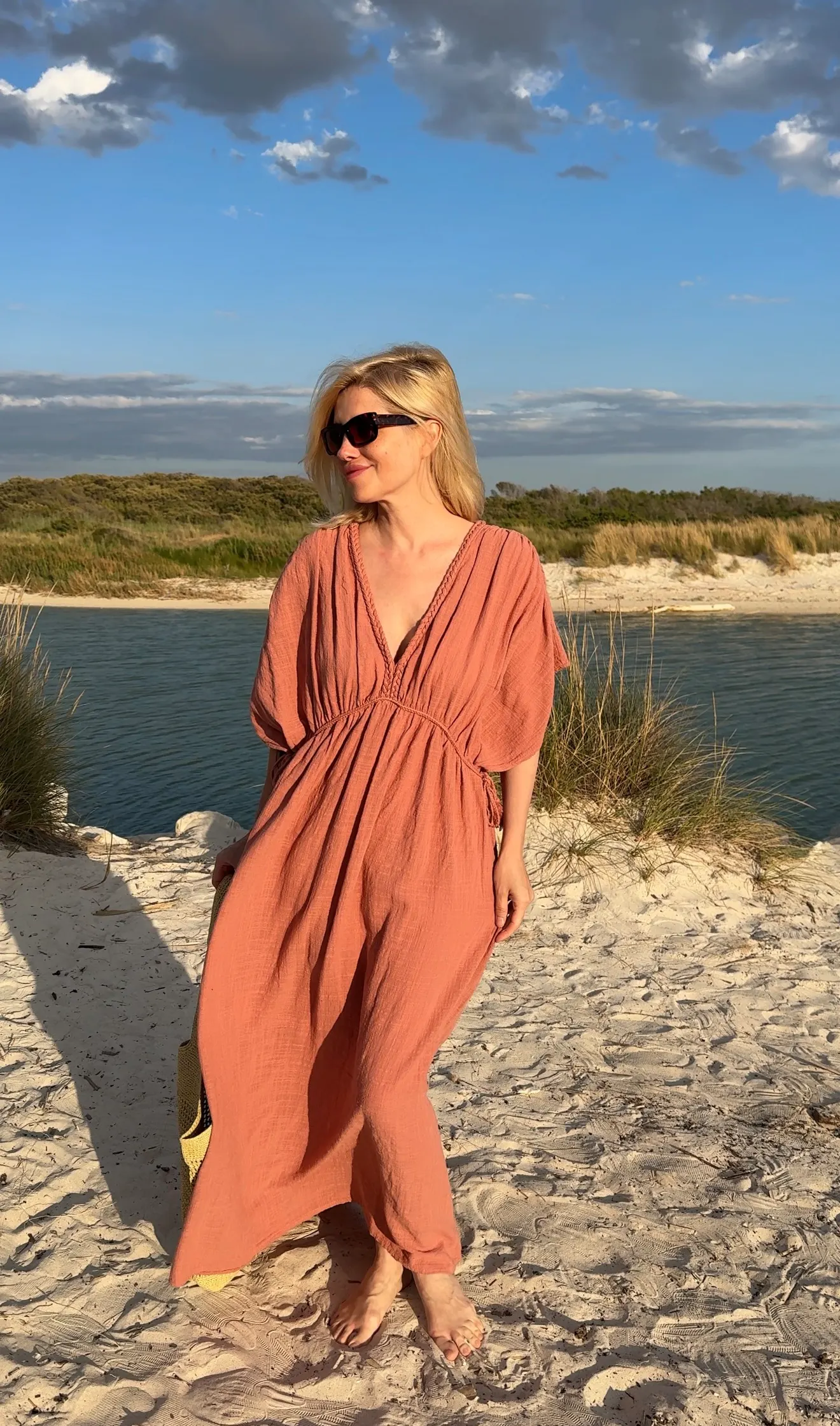 Langes Kleid Greece mit Kordelzug in Lachs