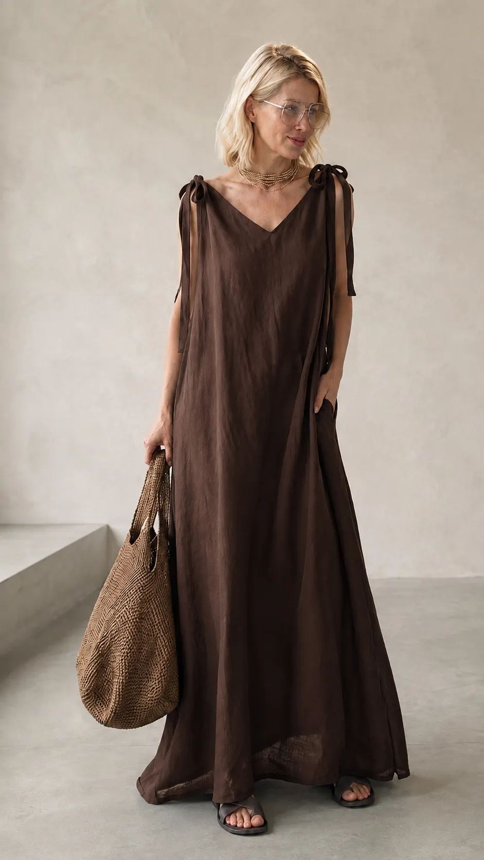 Langes Leinen-Trägerkleid CL in Schokolade