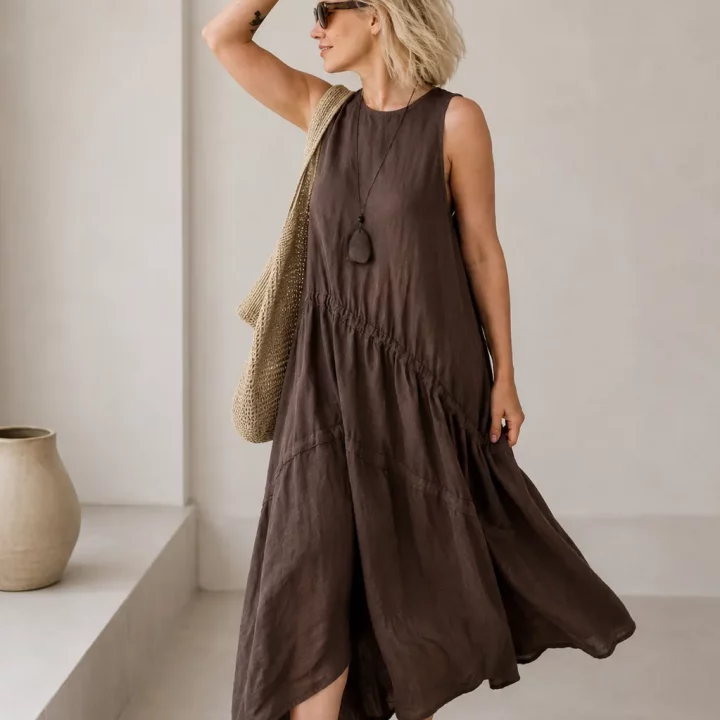 Leinen Sommerkleid mit zwei Bindebändern in Schokolade