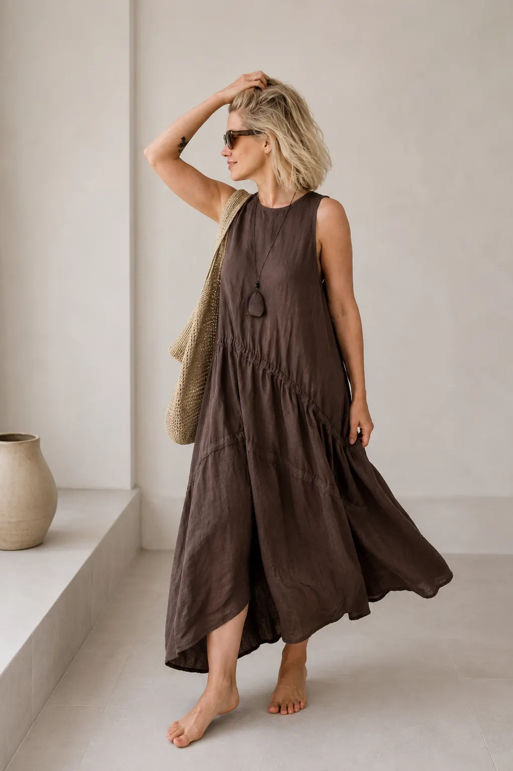 Leinen Sommerkleid mit zwei Bindebändern in Schokolade