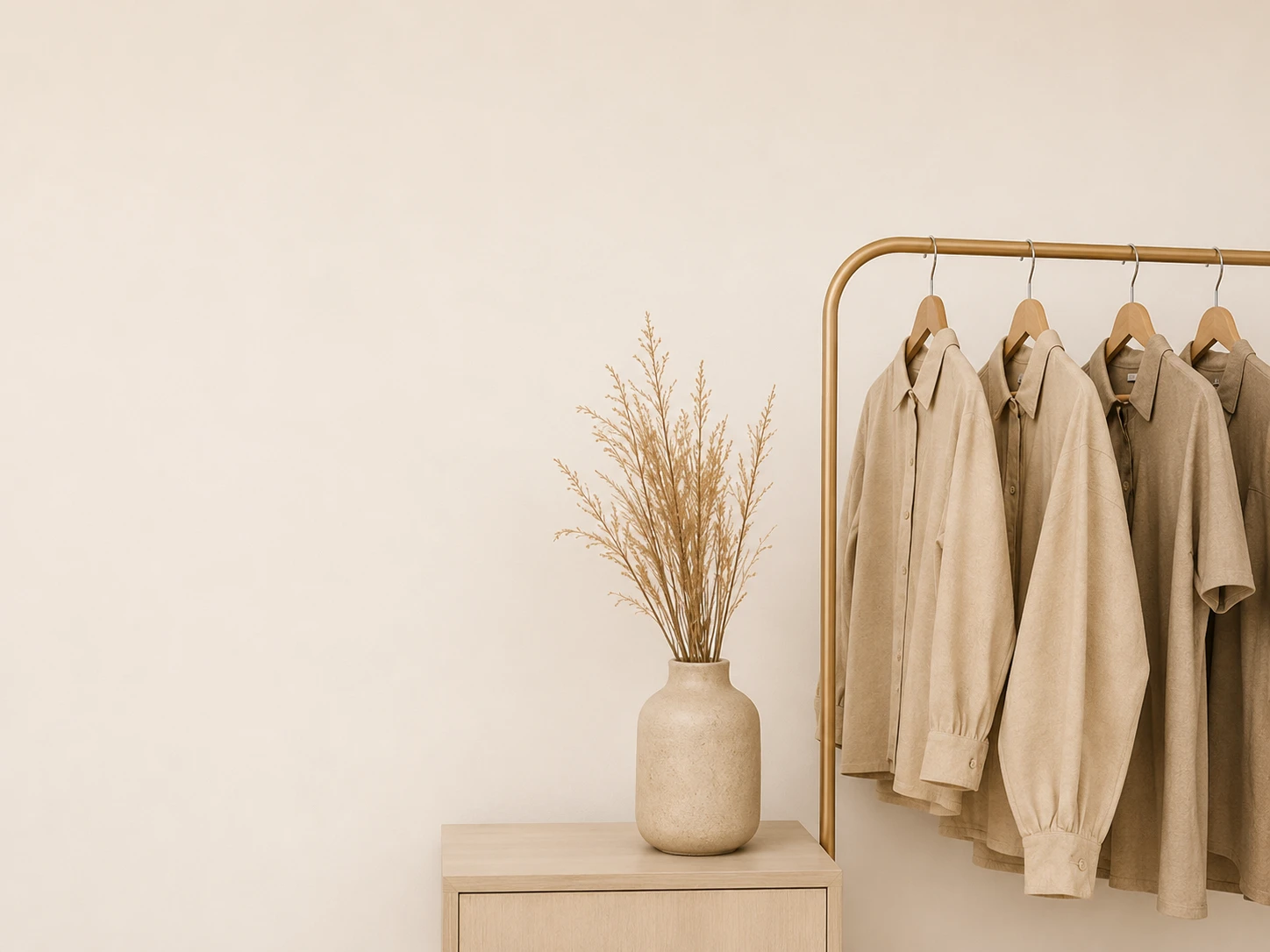 Neutrale Damenmode auf einer Kleiderstange im ROOSH Stil